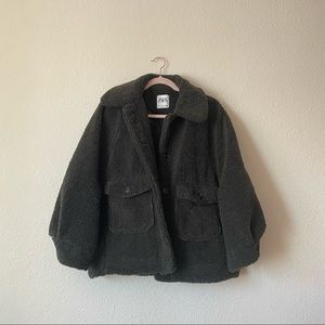 Zara Green Teddy Fleece Oversized Jacket